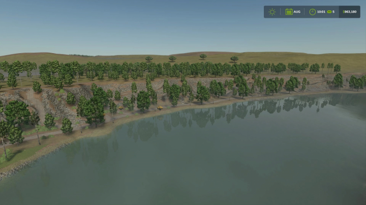 fs25-mods,  Scenic view of Back Yonder Acres mod in FS25, featuring a forested landscape and a calm lake.