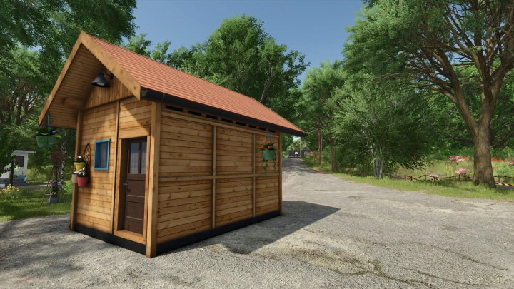 fs25-mods,  Wooden beehouse in FS25 mod Beehouse v1.0.0.0 with trees around, enhancing Farming Simulator 25.