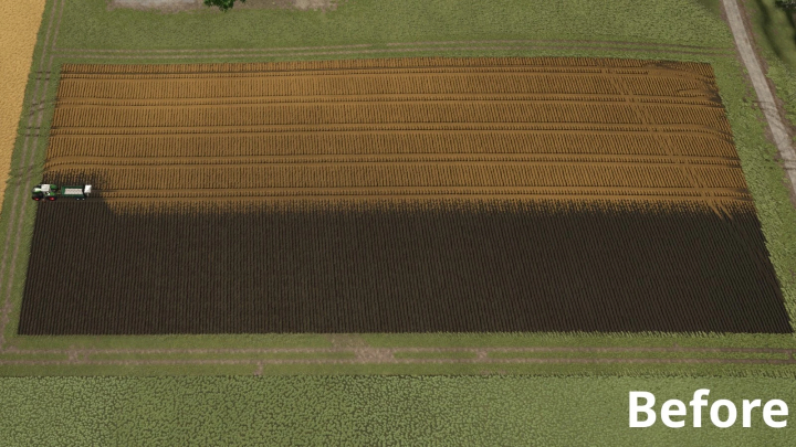 fs25-mods,  FS25 mod Better Animal Waste before effect on field, showing uneven soil color. Farming Simulator 25 mods.