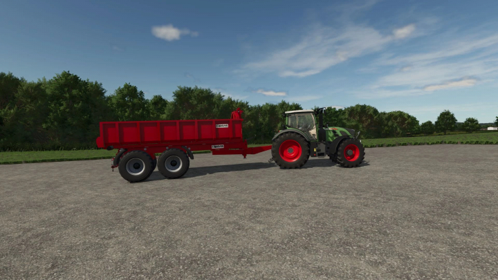 fs25-mods, FS25 BigAB Pack v1.0.0.0 mod featuring a green tractor with a red trailer on a gravel path.