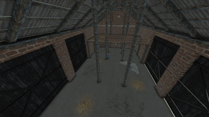 fs25-mods,  FS25 mod Building With Cows v1.0.0.0, showing an empty barn with wooden beams and brick walls.