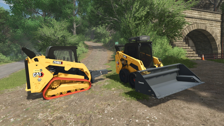 fs25-mods,  Image of Cat 259D mods in Farming Simulator 25, featuring two construction vehicles in a forest setting.