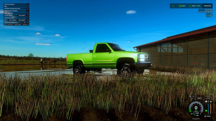 fs25-mods,  Chevrolet Silverado mod in FS25, bright green truck parked on a dirt path near a building.