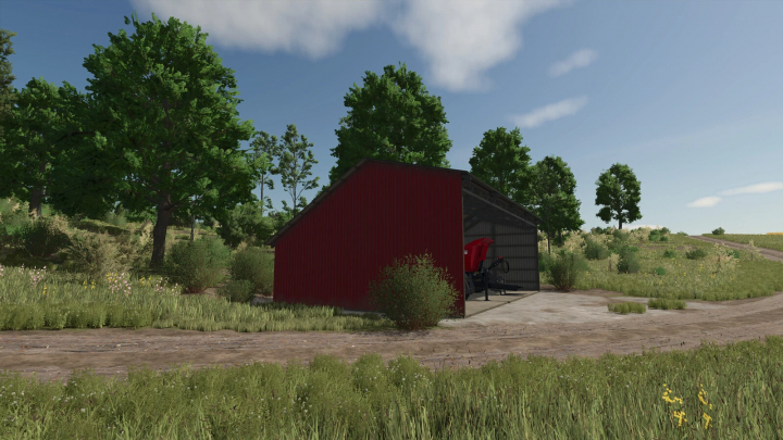 fs25-mods, FS25 mod Corrugated Shed v1.0.0.0 in a grassy field with trees in Farming Simulator 25.