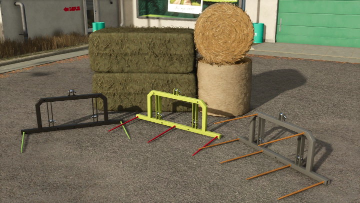 fs25-mods, FS25 3 Point Bale Spike mod with various spikes in front of stacked hay bales in Farming Simulator 25.