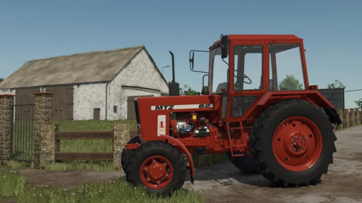 fs25-mods,  Red MTZ 82 tractor mod for Farming Simulator 25, parked near a barn. FS25 MTZ 82 v1.0.0.0.