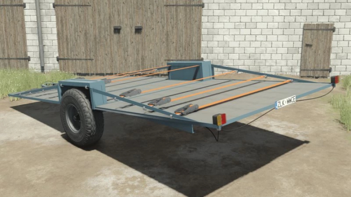 fs25-mods,  FS25 Old Bale Trailer v1.0.0.0 mod for Farming Simulator 25, showcasing a vintage flatbed trailer with orange straps, set in a rural yard.