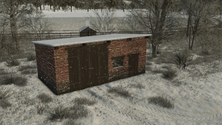 fs25-mods,  FS25 Old Polish Garage mod in winter scenery. Brick building surrounded by snow in Farming Simulator 25.