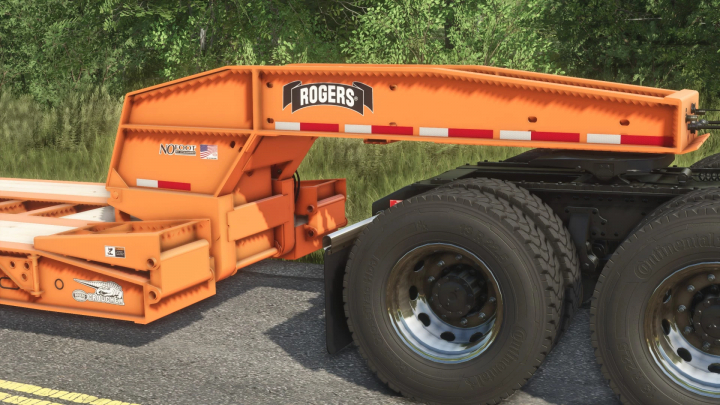 fs25-mods,  Close-up of FS25 Rogers SP50 Lowboy trailer mod in Farming Simulator 25, featuring an orange design and detailed wheels.