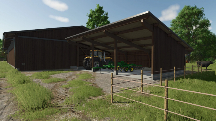 fs25-mods,  Dark wood farm buildings with tractor and machinery in FS25 mods.