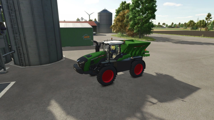 fs25-mods,  Fendt Rogator mod in Farming Simulator 25, parked near silos. FS25 mods enhance farming realism.