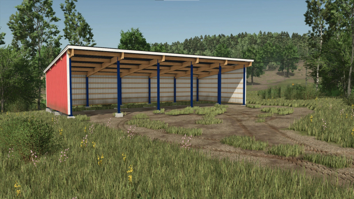 fs25-mods,  Finnish Shed Pack mod in FS25 featuring a red and white open farm shed in a grassy area.