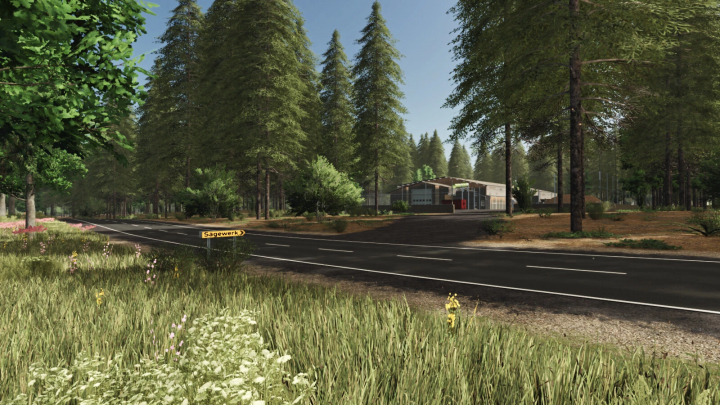 fs25-mods,  Scenic forest road with signpost to sawmill on FrechDachs Map 4x, FS25 mod.