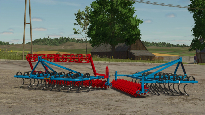 fs25-mods,  FS25 mod Gorenc Granoter 280 v1.0.0.0, a blue and red agricultural cultivator on a farm landscape.