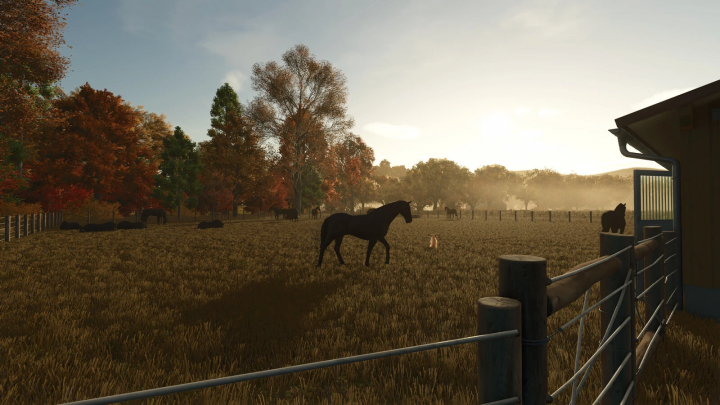 fs25-mods, Horses in a sunlit field with colorful trees, from FS25's Horse Care Manager mod.