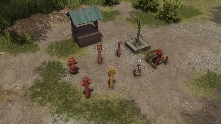 fs25-mods,  FS25 mods: Various hydrants in Hydrant Pack v1.0.0.0 for Farming Simulator 25, displayed in a natural setting.