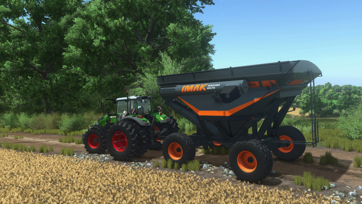 fs25-mods,  FS25 mod: IMAK Grain Trailer CG 28500 v1.0.0.0 attached to a tractor on a farm path with fields and trees in Farming Simulator 25.