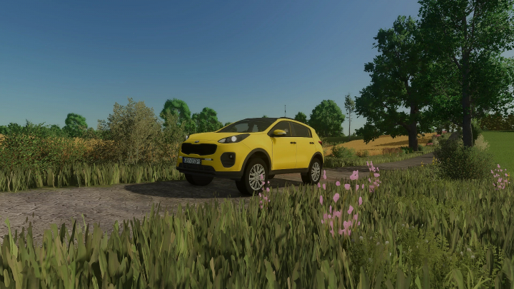 fs25-mods, Yellow KIA Sportage IV mod in Farming Simulator 25 on a rural road with lush greenery.