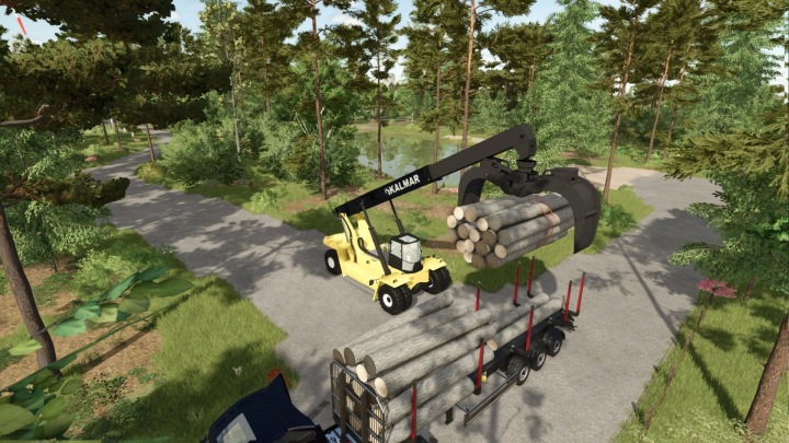 fs25-mods, Kalmar Forestry mod in Farming Simulator 25 featuring a vehicle loading logs onto a trailer in a forest setting.