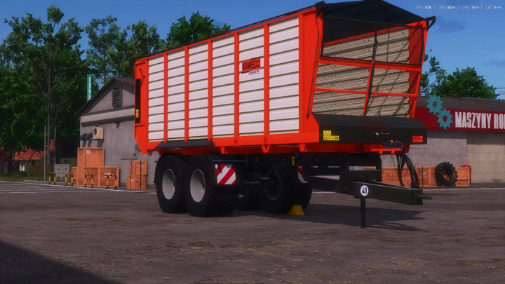 fs25-mods,  Kaweco Radium 50 trailer mod for FS25, featuring a large red and white design, parked in a farmyard setting.