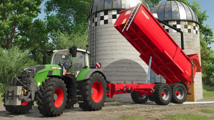 fs25-mods,  FS25 mod Krampe BigBody 750 2024 v1.0.0.0: green tractor with red trailer unloading near silo.