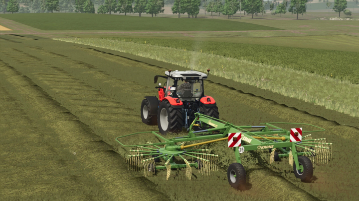 fs25-mods,  FS25 mod Krone Swadro 900 raking grass on farmland.