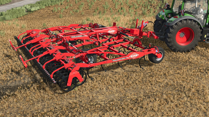 fs25-mods, Kuhn Prolander 6000 mod in Farming Simulator 25, showing red agricultural equipment attached to a tractor on a field.