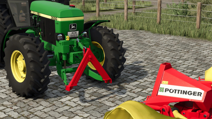 fs25-mods,  Lizard Coupler Triangles mod in FS25 showing a green tractor and red attachment on a paved area.