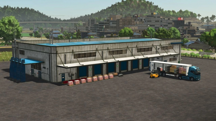 fs25-mods,  Logistics Center mod for FS25 showing a warehouse with trucks and crates, set in Farming Simulator 25.