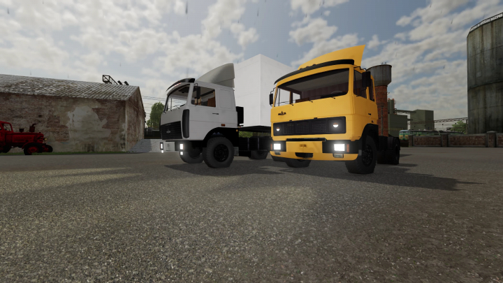 fs22-mods,  FS22 mods Maz 5432 trucks in white and yellow parked on a farmyard in Farming Simulator 22.