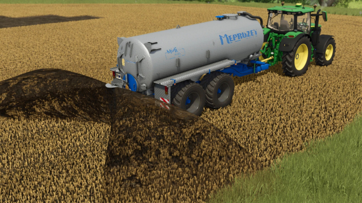 fs25-mods, FS25 mod Meprozet PN-160 spreading slurry on a field in Farming Simulator 25.