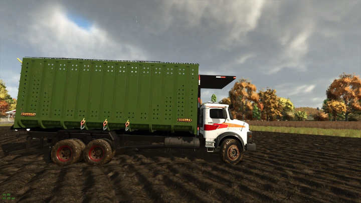 fs25-mods,  Mercedes 1313 truck mod for FS25 on a farm field under cloudy skies.