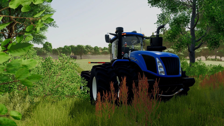 fs25-mods, New Holland T9 tractor in a lush green field in FS25 mod.