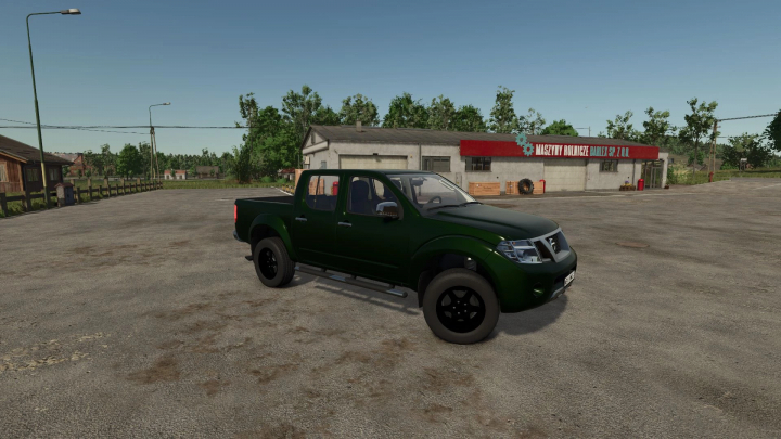 fs25-mods,  Nissan Navara 2013 mod in Farming Simulator 25, parked in front of a rural building with trees in the background.