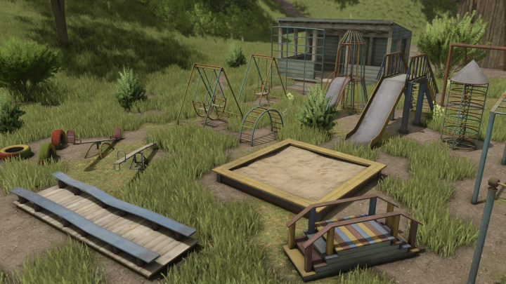 fs25-mods,  Farming Simulator 25 Old Playground Decorations mod showing retro playground equipment in a grassy area.