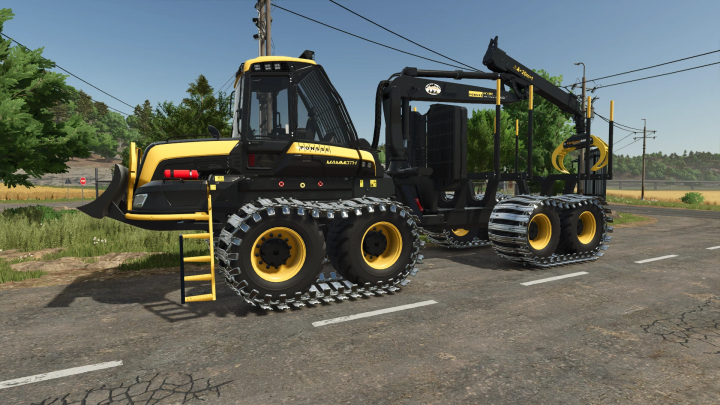 fs25-mods,  Ponsse Mammoth Active Frame v1.0.0.0 mod in FS25, showcasing detailed forestry machinery on a rural road.