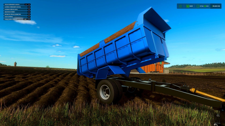 fs25-mods,  FS25 mod RB 12T v1.0.0.0 featuring a blue agricultural trailer on a plowed field in Farming Simulator 25.