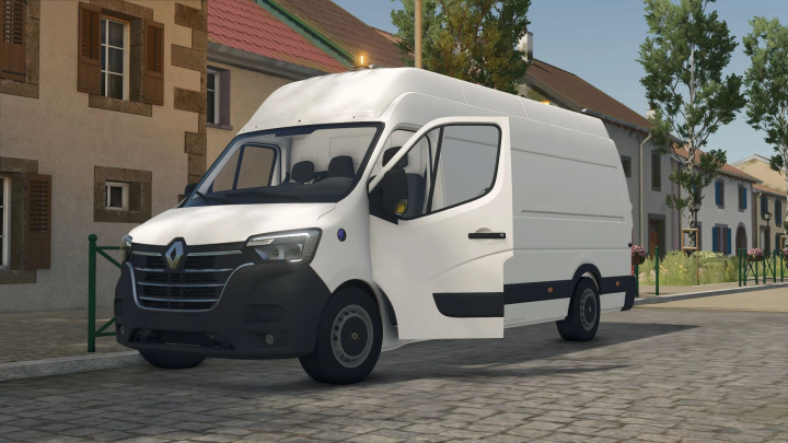 fs25-mods,  Renault Master L4H3 mod for FS25 parked on a cobblestone street in Farming Simulator 25.