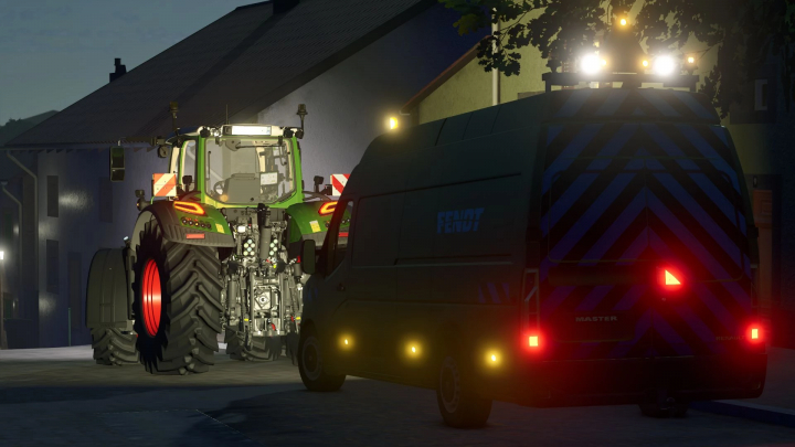 fs25-mods,  FS25 mods: Renault Master L4H3 with lights on beside a large tractor at night in Farming Simulator 25.