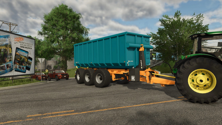 fs25-mods, FS25 Rolland Ampliroll Pack mod featuring a blue trailer attached to a tractor on a road with cars and a billboard.