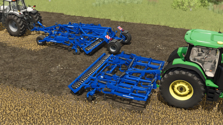 fs25-mods, FS25 mods image showing Rolmako U436 4m/4.5m Pack, featuring blue agricultural equipment attached to tractors.