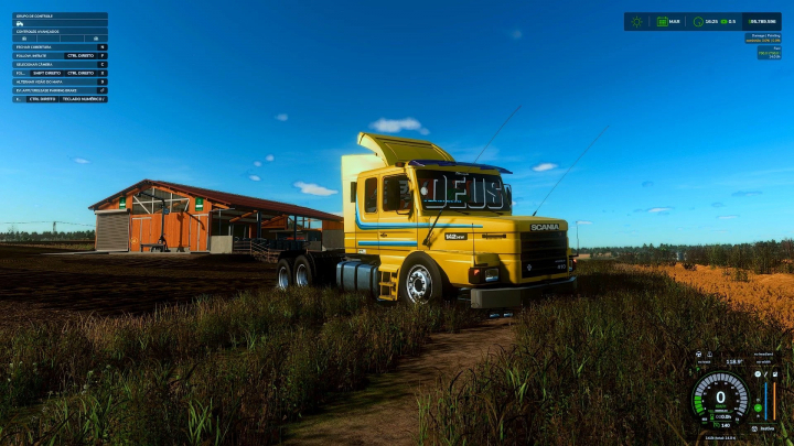 fs25-mods,  Scania T112 truck mod in Farming Simulator 25, situated near a barn on a sunny day.