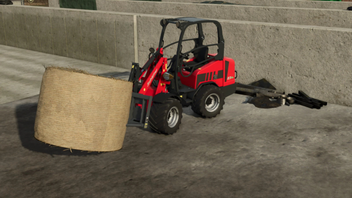 fs25-mods,  FS25 Schäffer Miniloader 23e carrying hay bale in Farming Simulator 25 mod.