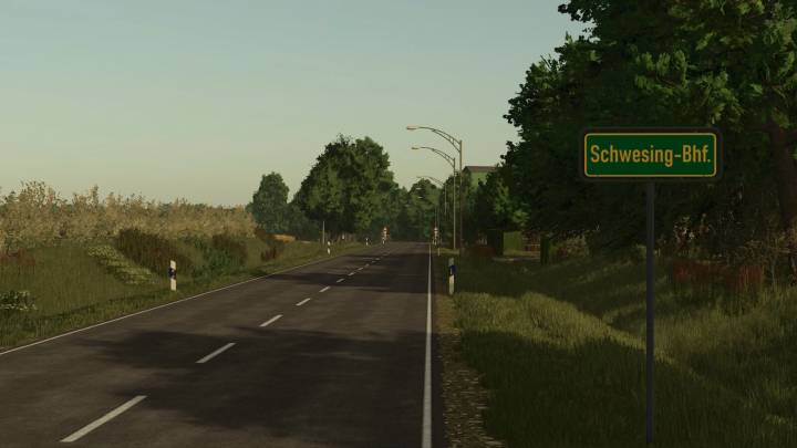 fs25-mods,  Schwesing Bahnhof mod for Farming Simulator 25, featuring a rural road scene with a sign.