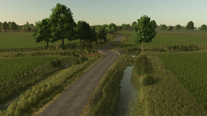 fs25-mods,  Scenic rural road in Schwesing Bahnhof mod for FS25, surrounded by fields and trees.