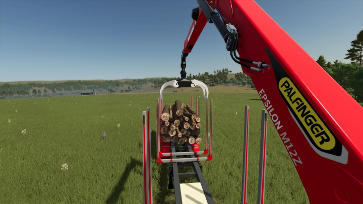 fs25-mods, Shortwood Trailer Pack in FS25 showing logs loaded with Palfinger crane on a trailer in a field.