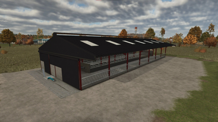 fs25-mods, Slatted Cow Shed v1.0.0.0 mod in FS25, depicting a spacious barn structure in a rural setting.