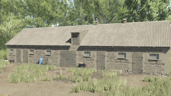 fs25-mods,  Small Buildings Package mod in FS25 showing a rustic stone barn with wooden doors, surrounded by grass and trees.