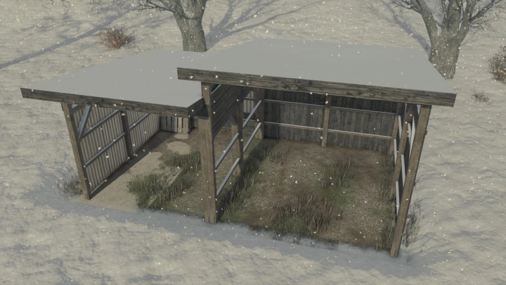 fs25-mods,  FS25 mods: Image of the Small Shed v1.0.0.0 in Farming Simulator 25, covered in snow with wooden walls and metal roof.