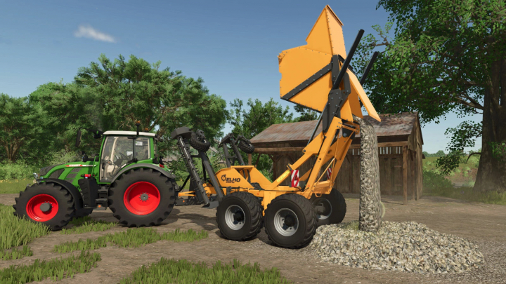 fs25-mods, Image of FS25 mods showing the Stone Selling Station v1.0.0.0 with a green tractor and stone crusher unloading stones.